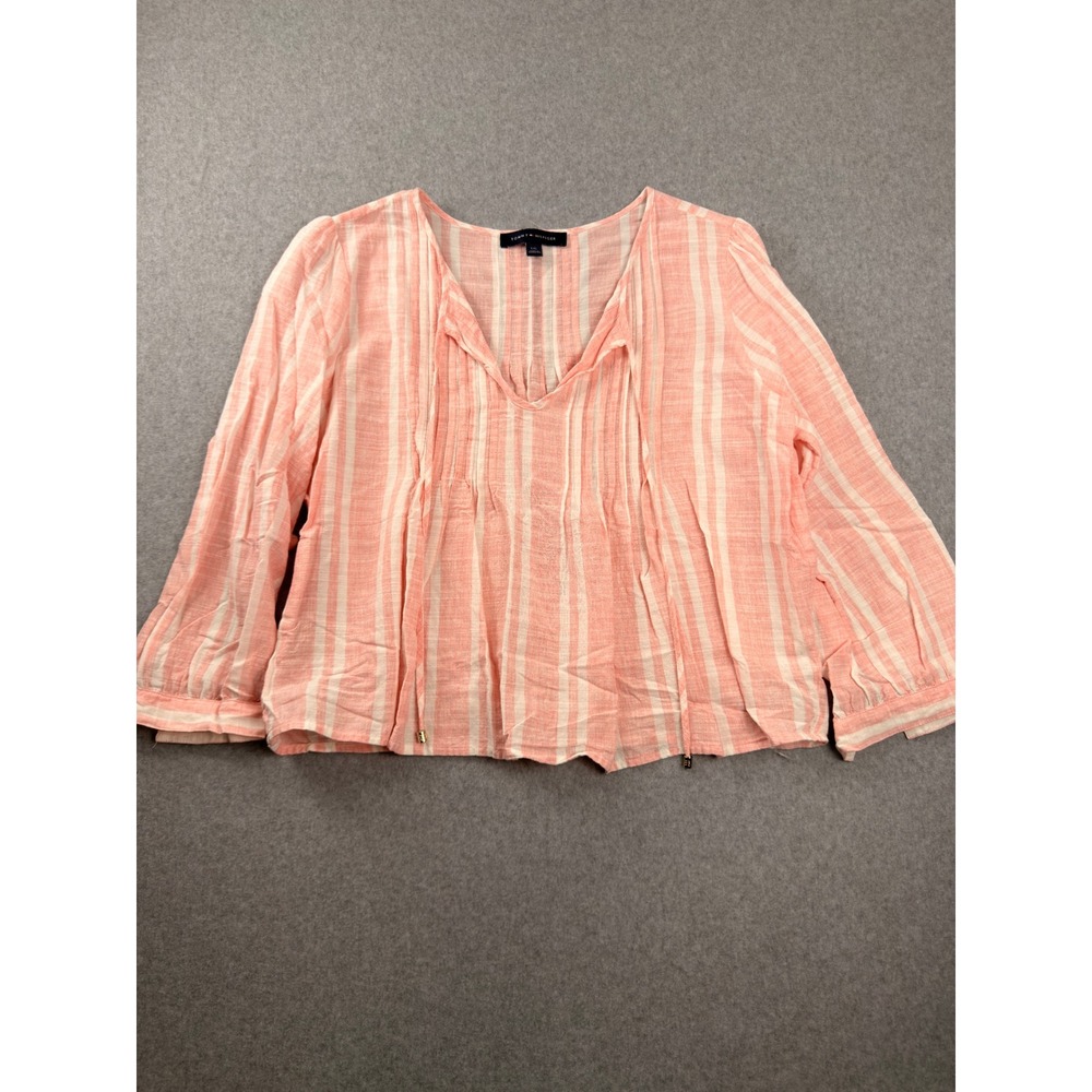 Tommy Hilfiger Pink White Striped Pintuck V-Neck Tie Blouse Top Large